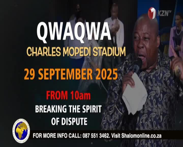 The man is speaking into a microphone, his mouth wide open, while holding a small white cloth. The 1KZN TV logo sits in the corner, and the event announcemen...