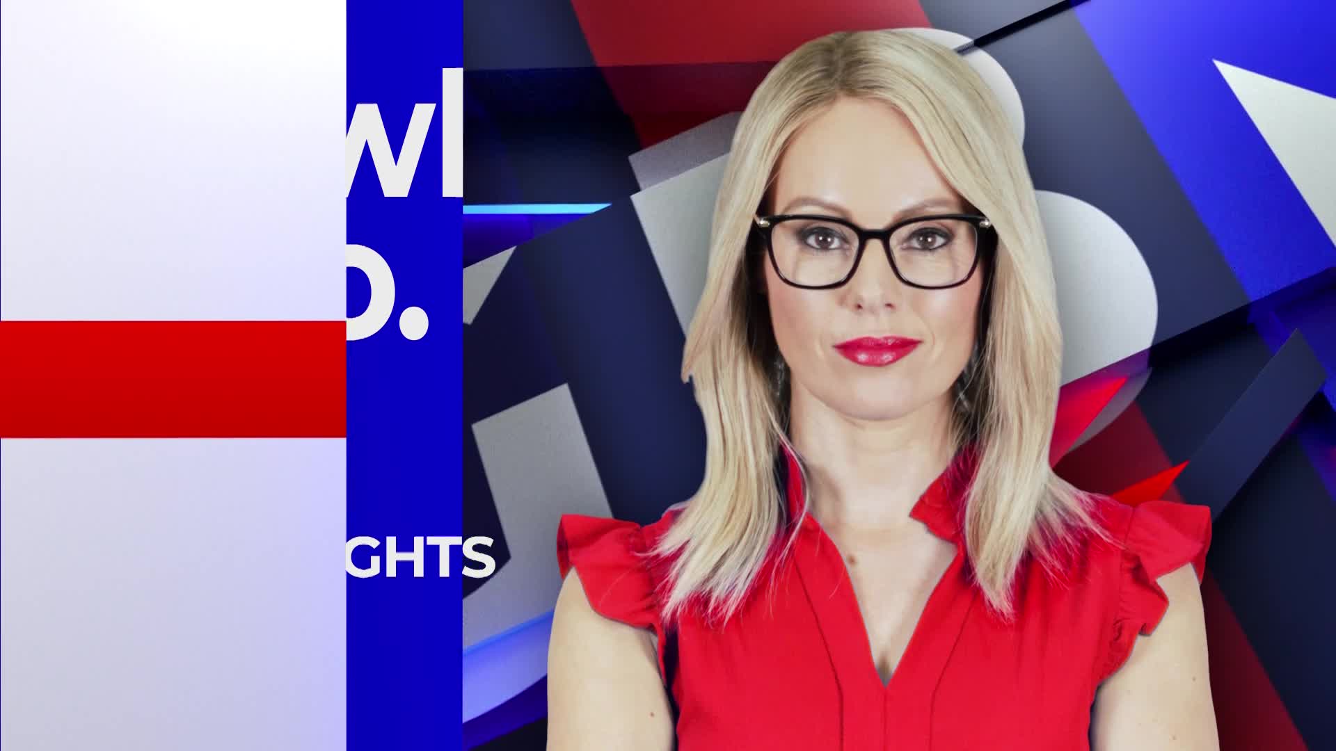A woman with blonde hair and glasses stands before a blue and red graphic background. To her left, a graphic displays the English flag and text that reads "W...