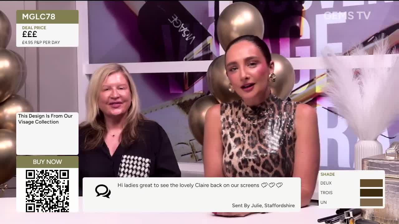 Two women are seated in front of a backdrop, one in a leopard-print top, the other in a black shirt with a checkered detail. A Gems TV logo is visible, and a...