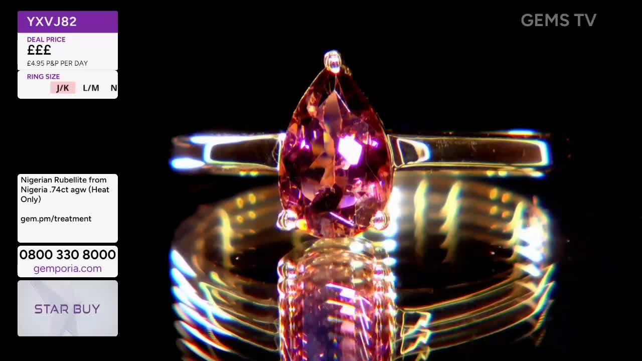 A pear-shaped, pink gemstone ring is showcased on a reflective surface, catching the light. The GEMS TV logo and a price tag are visible in the corner, indic...