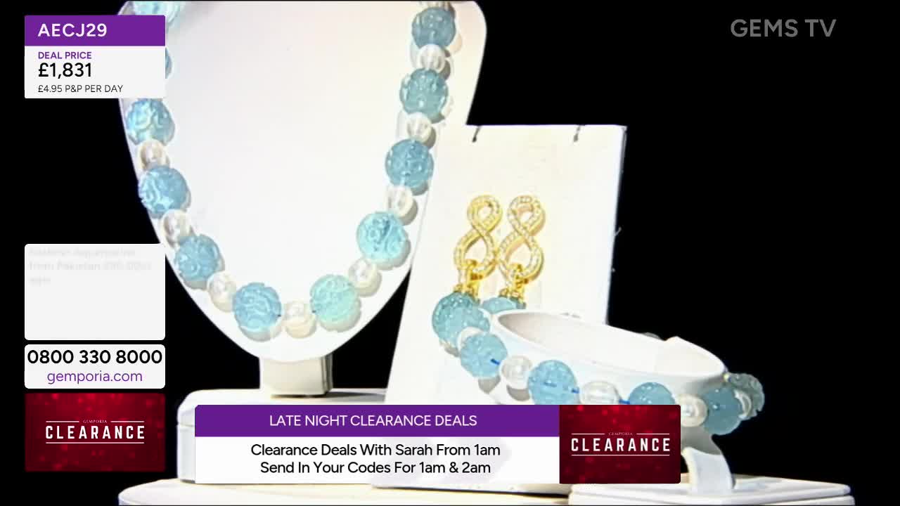 A necklace and bracelet of pale blue beads and white pearls are displayed, along with a pair of gold earrings. The screen promotes "Late Night Clearance Deal...