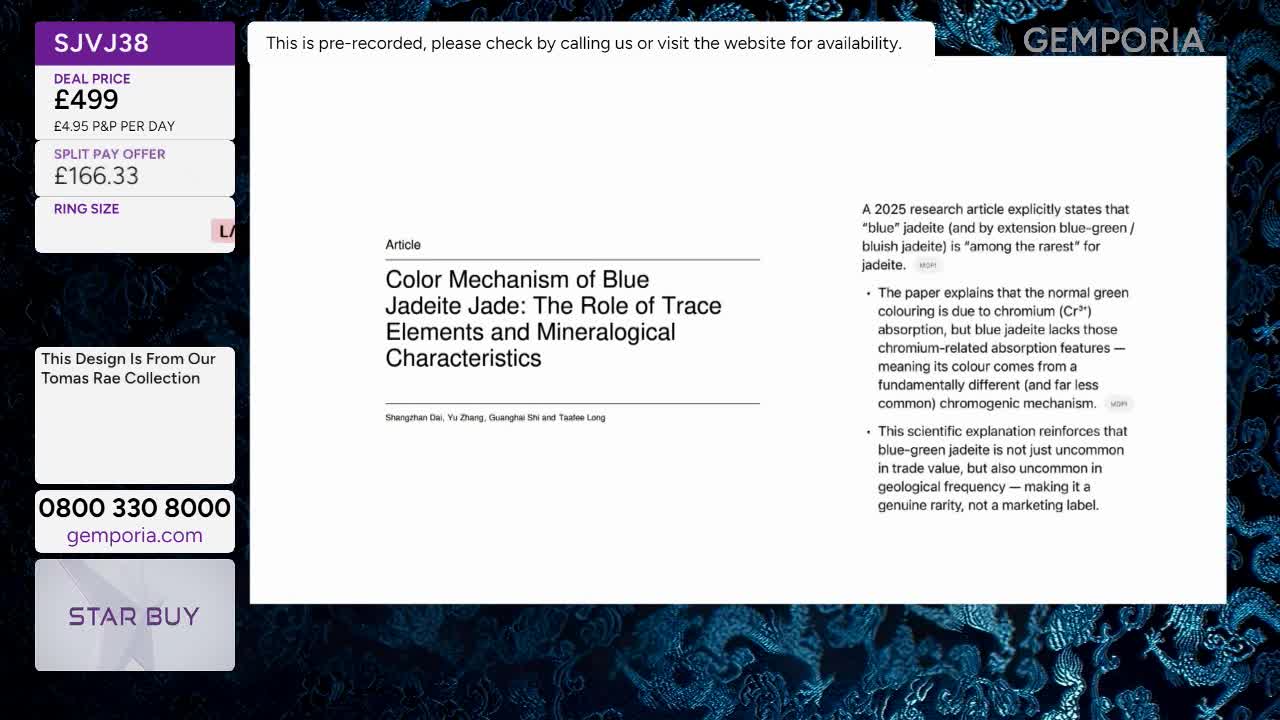 A Gemporia presentation is showing a research article about blue jadeite. The screen displays a deal price of £499 for a ring.