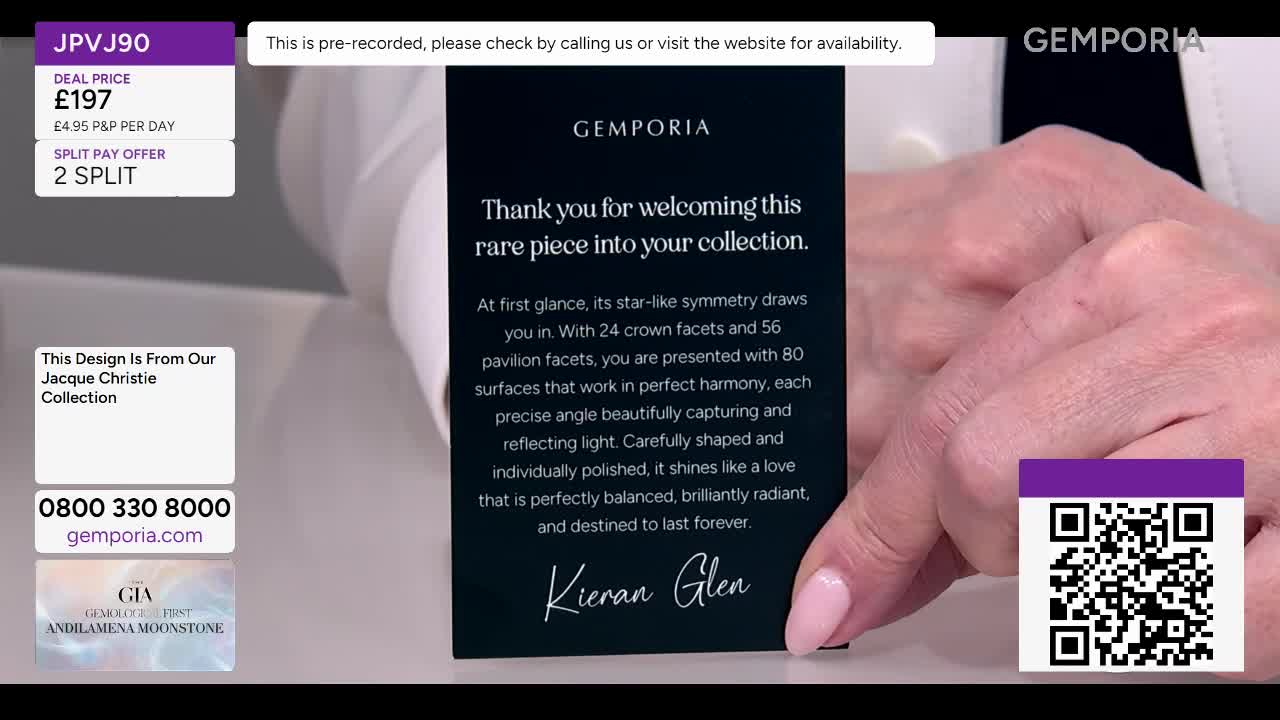 A hand holding a dark card with text about a rare piece from the Jacque Christie Collection. The card is angled, revealing a glimpse of a person's arm and sh...