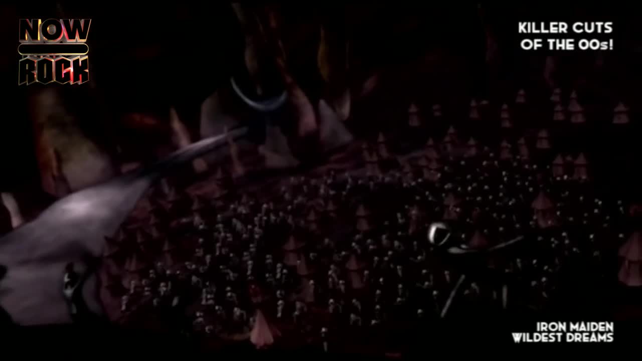 A mass of tiny figures is scattered across a dark landscape, some of them silhouetted against the gloom. Above them, a curved, metallic object cuts through t...