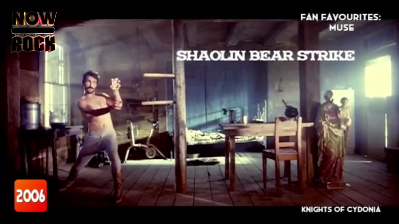 A shirtless man in boots is striking a pose, his hands up in front of him. The "Shaolin Bear Strike" title card sits above him, and the whole scene has a rus...