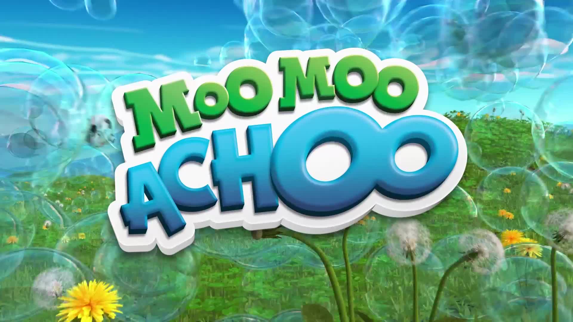 The title "Moo Moo Achoo" floats above a field of dandelions and bubbles. A cartoonish, blue sky fills the background.