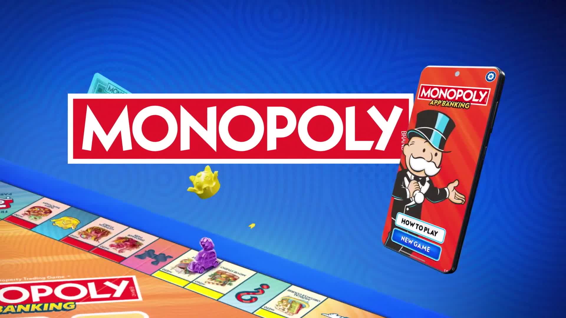 A Monopoly board and game pieces float in front of a blue background. A smartphone displays the "Monopoly App Banking" interface, with the familiar top-hatte...