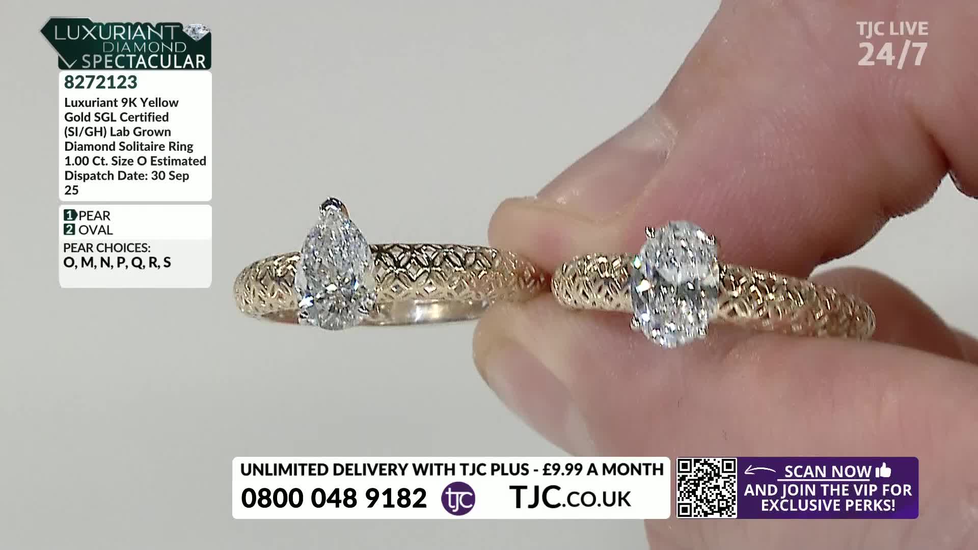 A hand holds up two diamond rings, one pear-shaped and the other oval, both with intricate gold bands. The TJC logo and a phone number are visible in the bot...