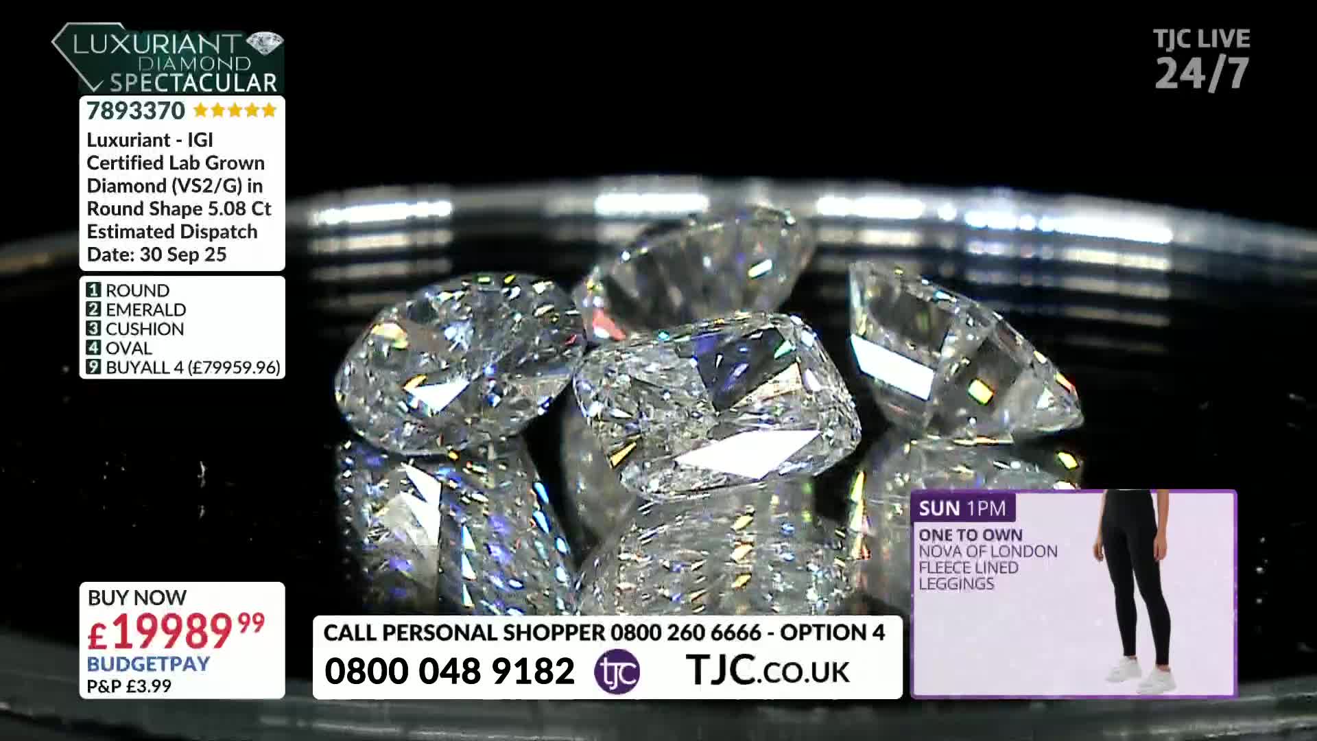 A cluster of glittering diamonds sits on a dark surface. The TJC logo and a price tag are visible in the bottom corners.