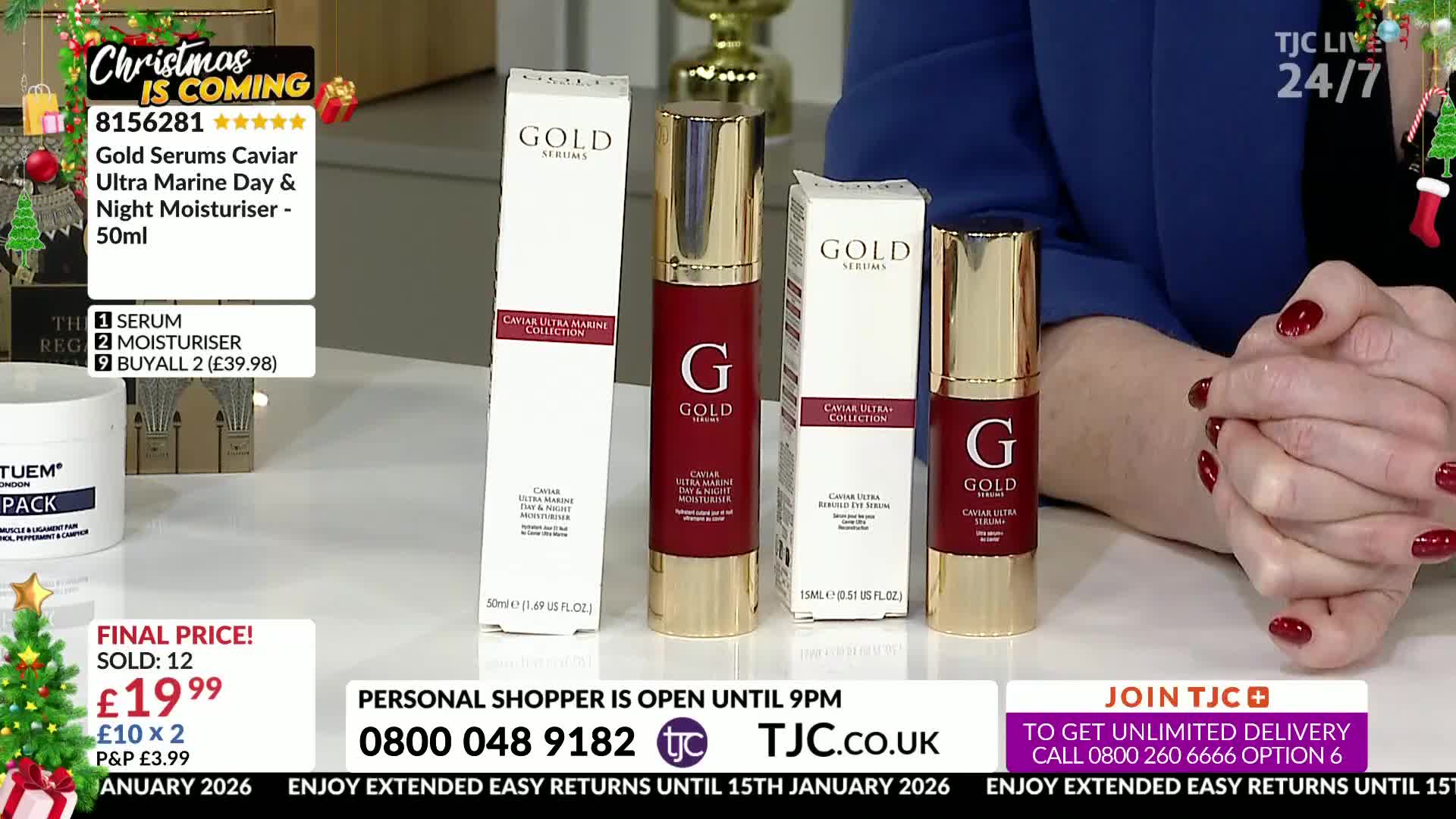 A selection of skincare products, including a serum and moisturiser, sit on a table, all branded "Gold Serums Caviar Ultra Marine." A presenter in a blue top...