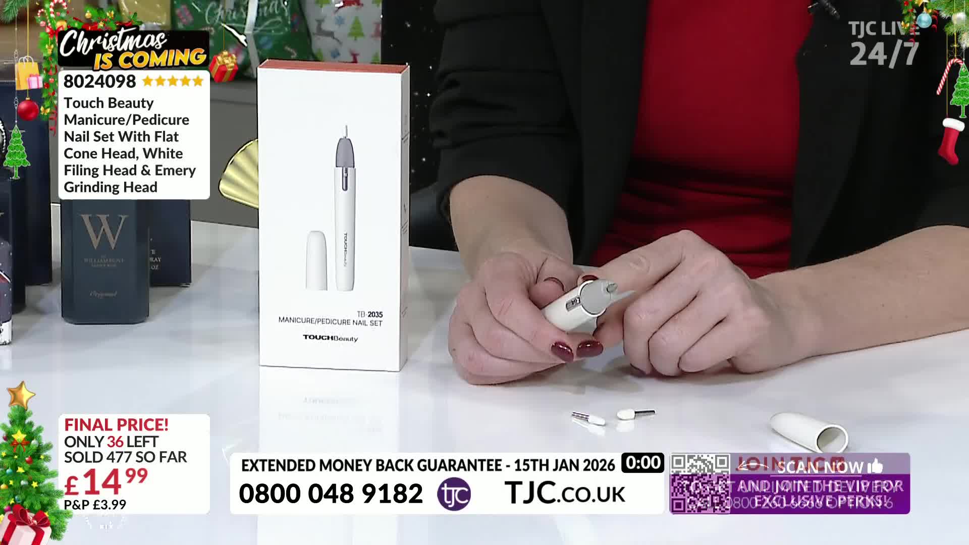 A woman holds a small white nail tool, demonstrating how to change the head. Several attachments are laid out on the table, alongside the product packaging f...