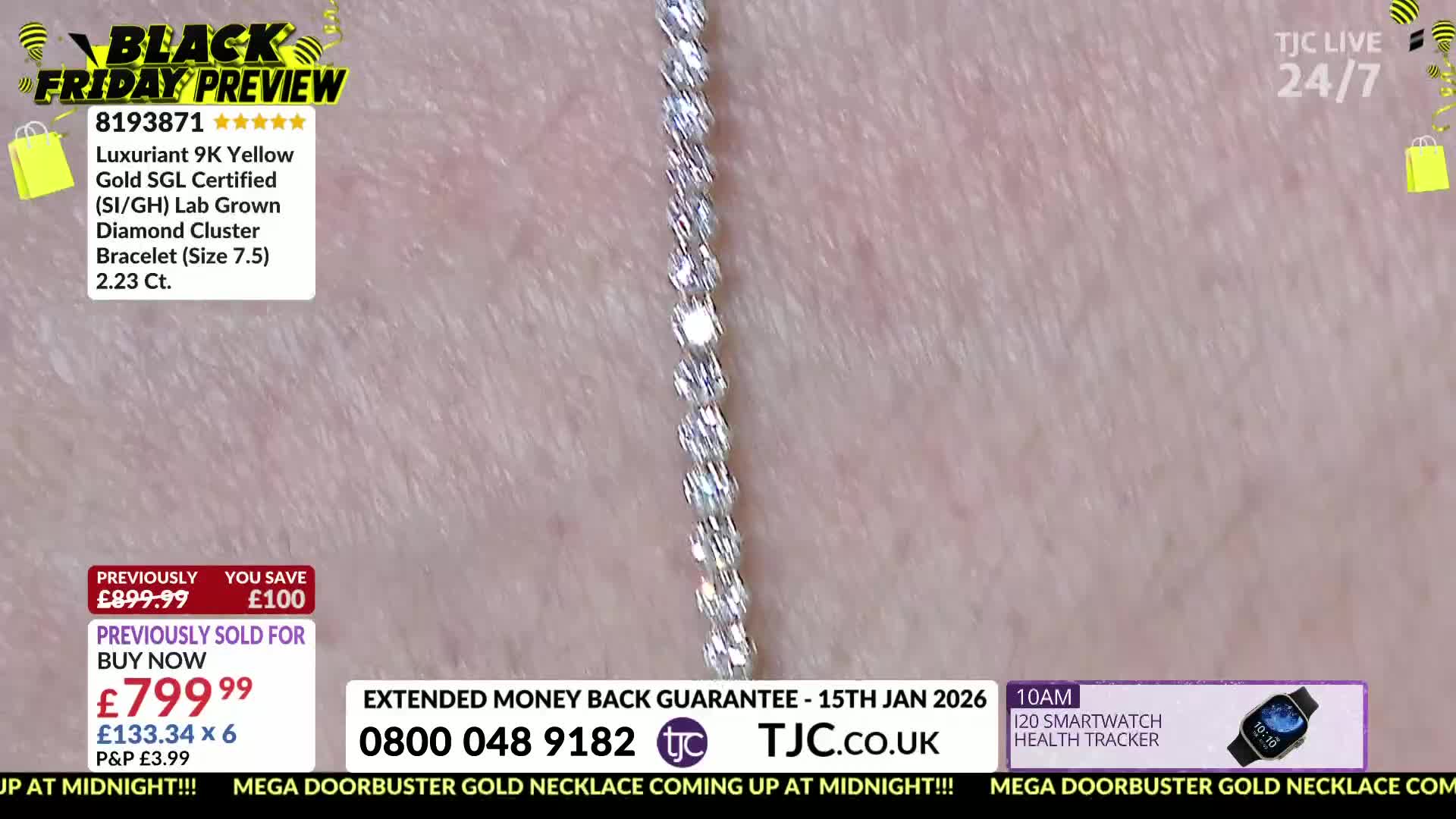 A diamond bracelet, with individual stones, is displayed against a pale background. The TJC logo and Black Friday preview graphics are in the background.