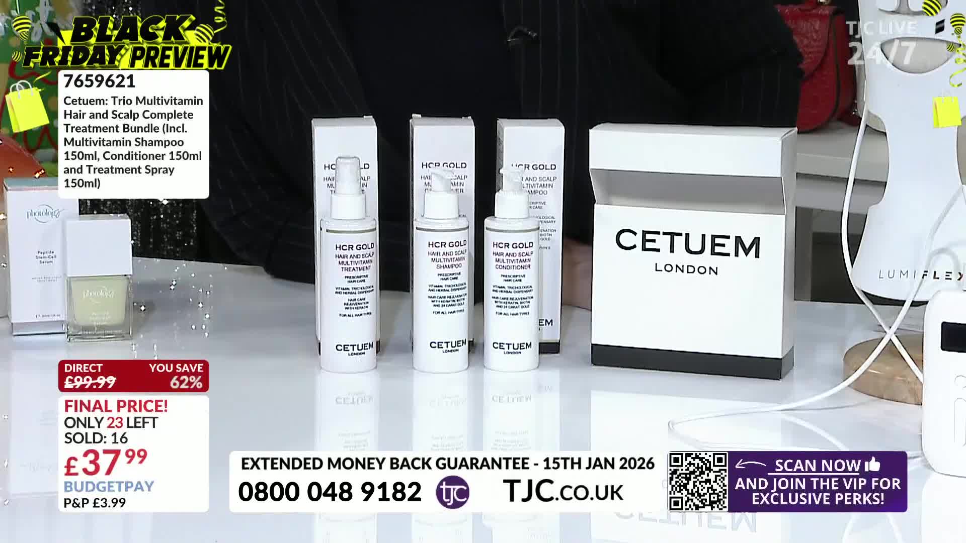 On the TJC channel, a display of Cetuem hair products is set up, with the "Black Friday Preview" logo prominently displayed. The products are arranged on a r...