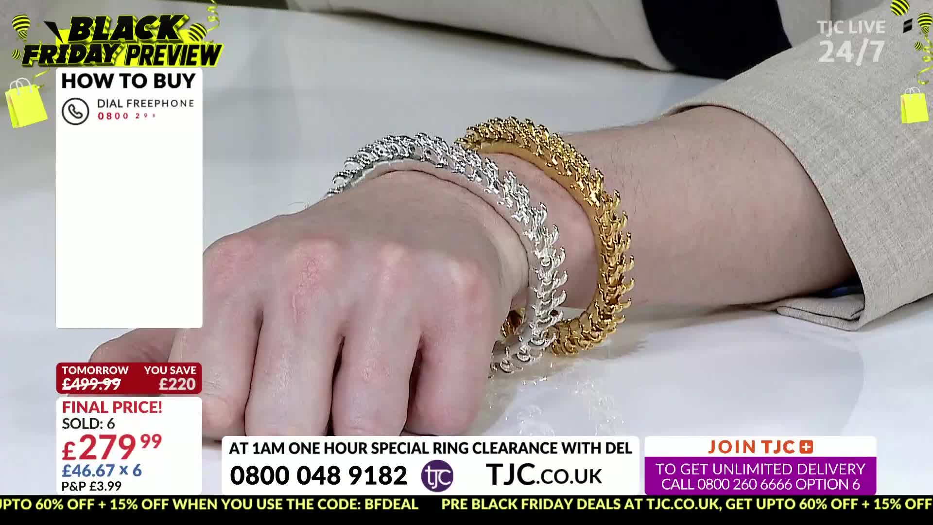 A wrist is presented, showcasing two ornate bangles; one silver, one gold. The camera focuses on the jewelry, with price details and a "Black Friday Preview"...