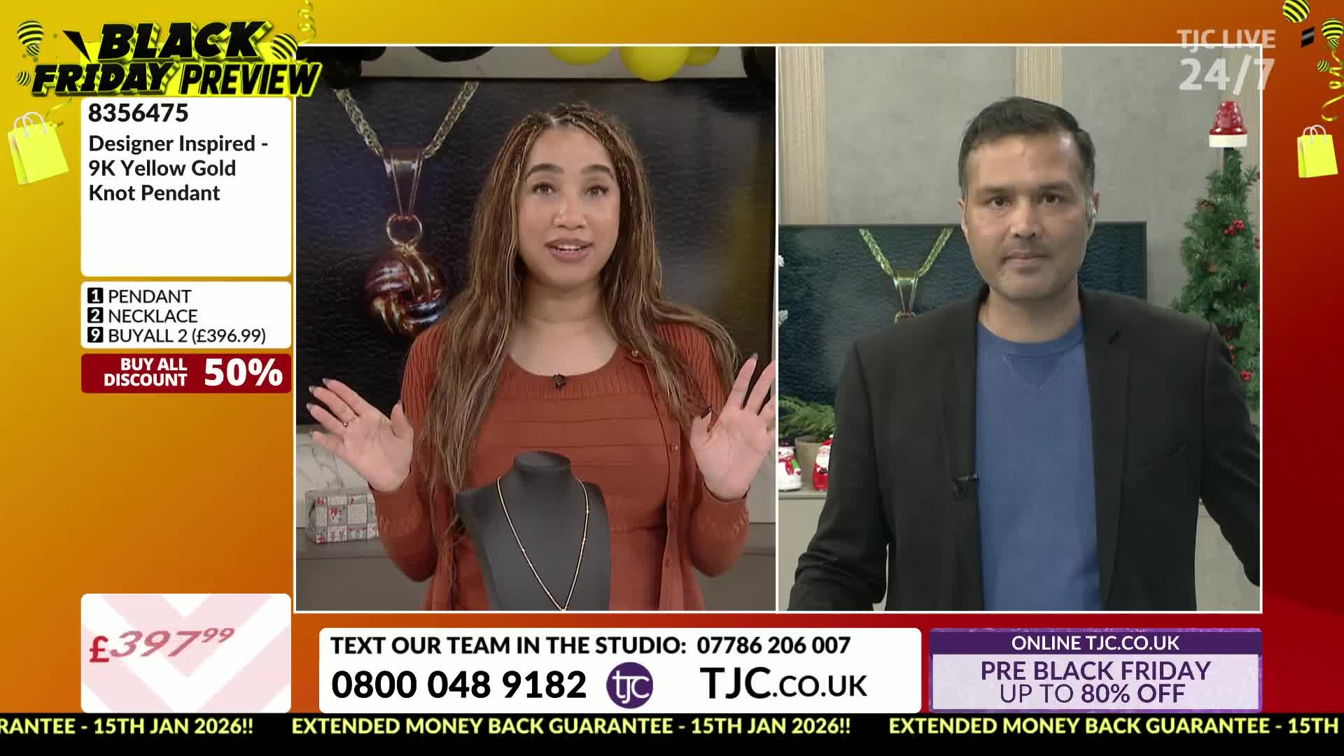 A woman in an orange sweater gestures toward a necklace on a display, while a man in a black blazer stands beside her. The TJC Black Friday Preview is underw...