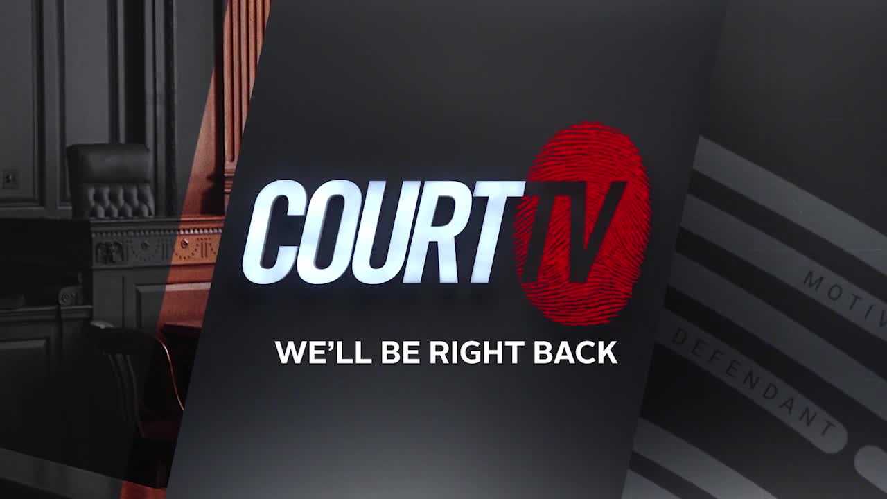 The Court TV logo, with its fingerprint-shaped "V," is centered on a dark screen. Below it, the words "WE'LL BE RIGHT BACK" appear, signaling a commercial br...