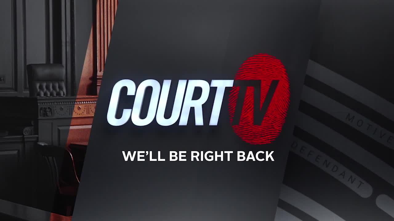 The Court TV logo, with its fingerprint design, is centered against a dark background. Below, the words "WE'LL BE RIGHT BACK" are clearly displayed.