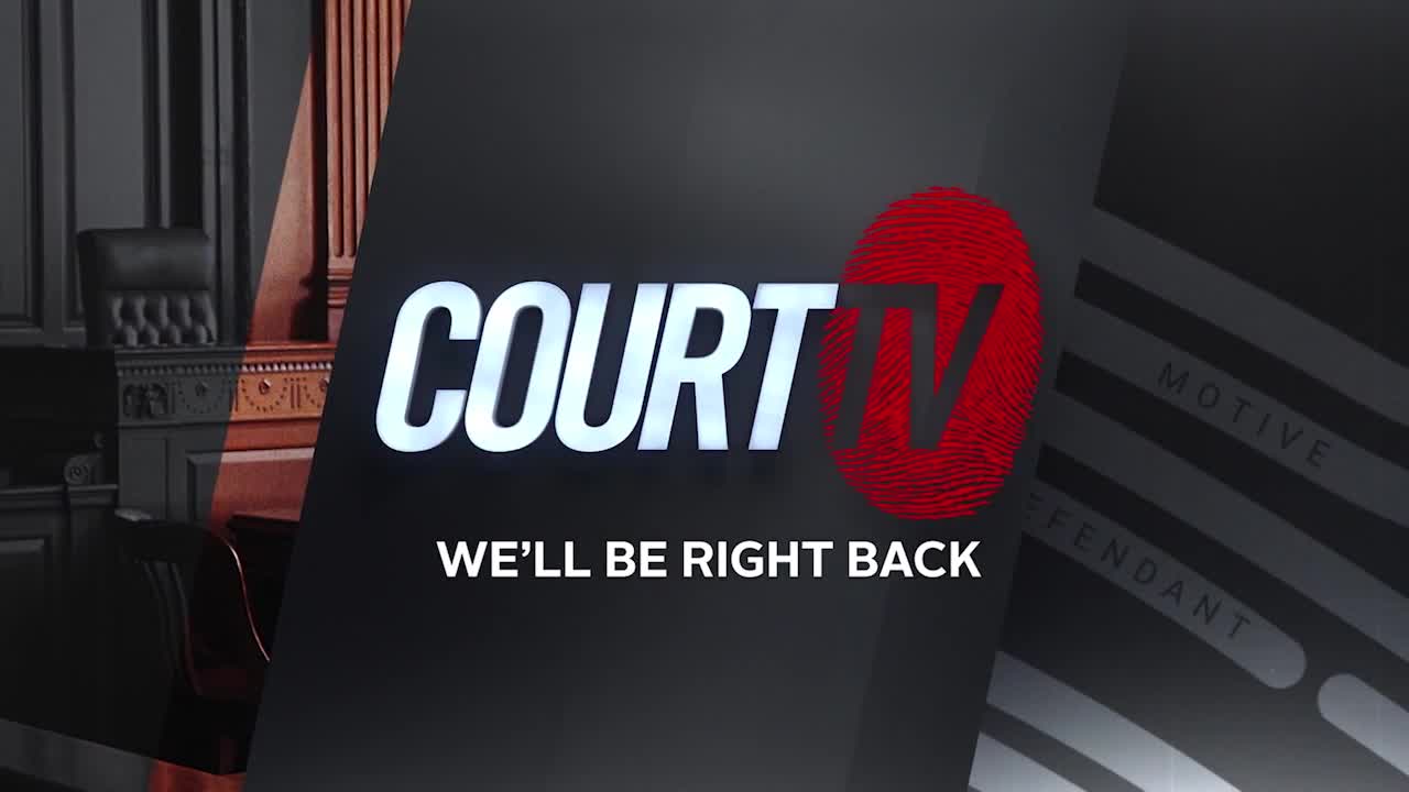 The Court TV logo, with a fingerprint, is front and center, promising a return. Behind it, a courtroom setting fades into a graphic listing "Motive" and "Def...