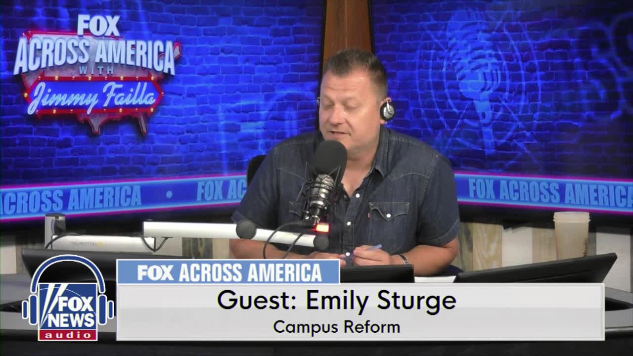 The host of "Fox Across America" is speaking into a microphone, his gaze fixed forward. A graphic identifies the guest as Emily Sturge, discussing campus ref...