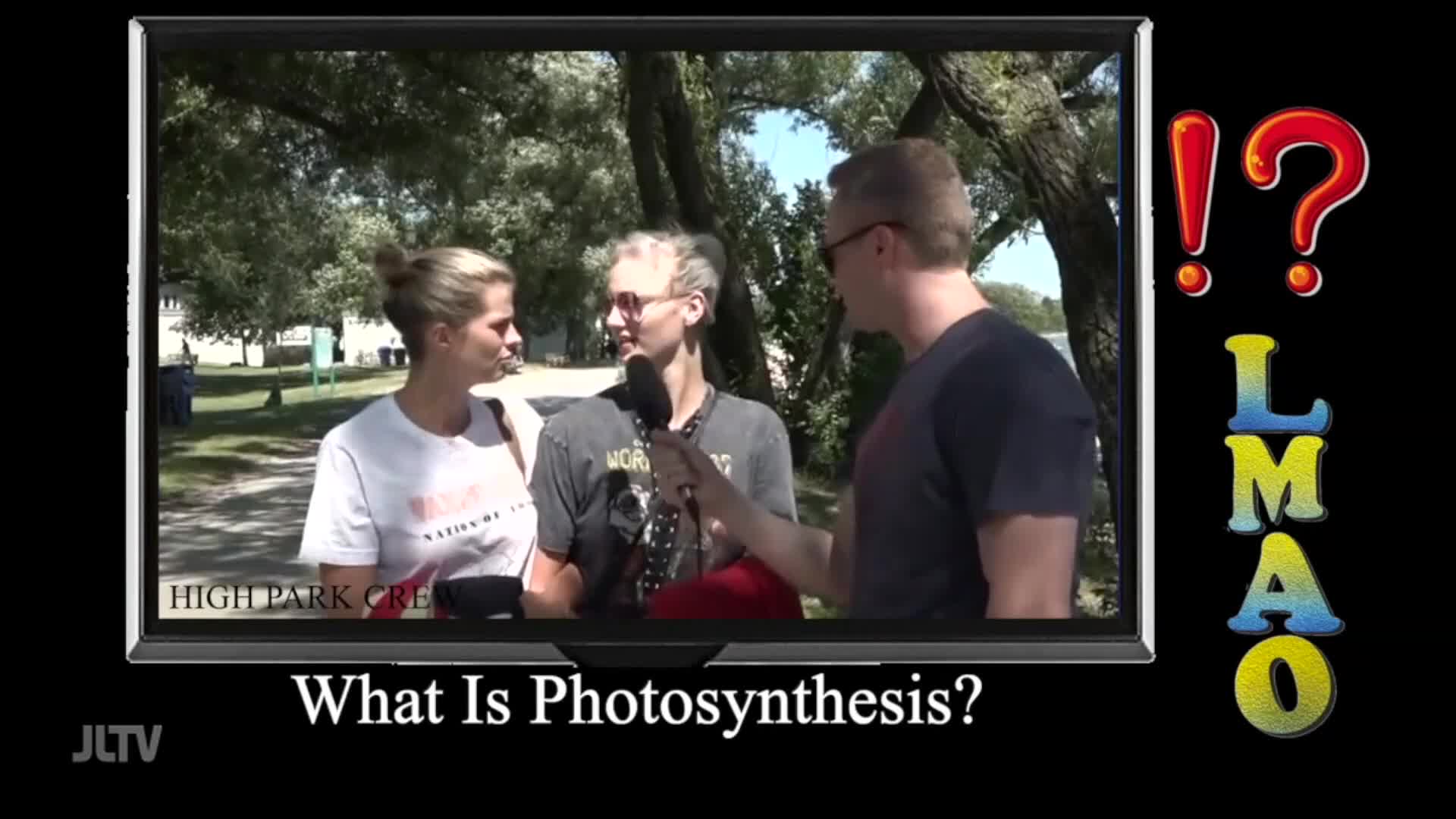 A man in sunglasses holds a microphone, interviewing two people in a park. The screen displays a segment from Jewish Life Television, asking "What Is Photosy...