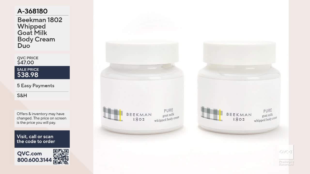 Two identical white jars of Beekman 1802 whipped goat milk body cream sit side-by-side. The QVC3 price and product details are displayed on the left side of ...