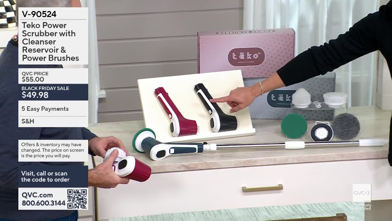 On QVC3, a host points to a black and a burgundy scrubber, while another person assembles one with a white brush head. The product is displayed with other at...