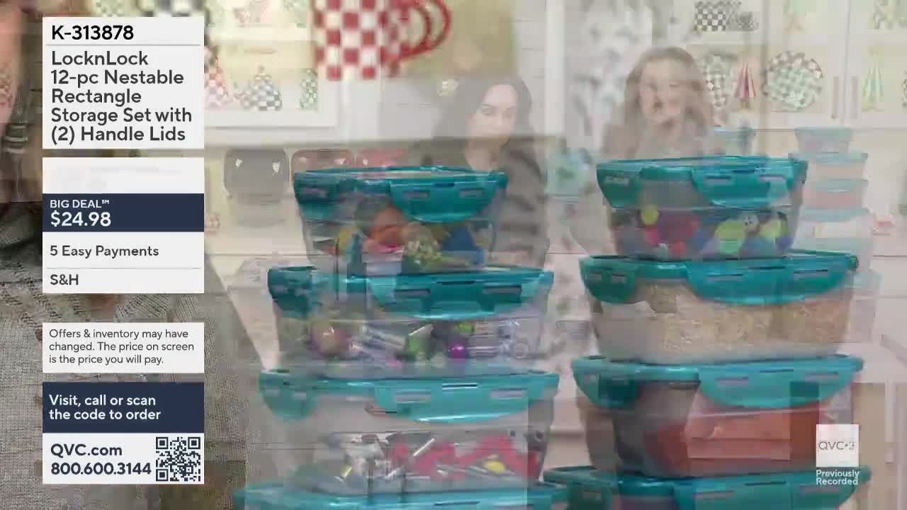 On QVC3, a display of LocknLock storage containers is stacked in front of two women. The containers are filled with various items, and the price is listed on...
