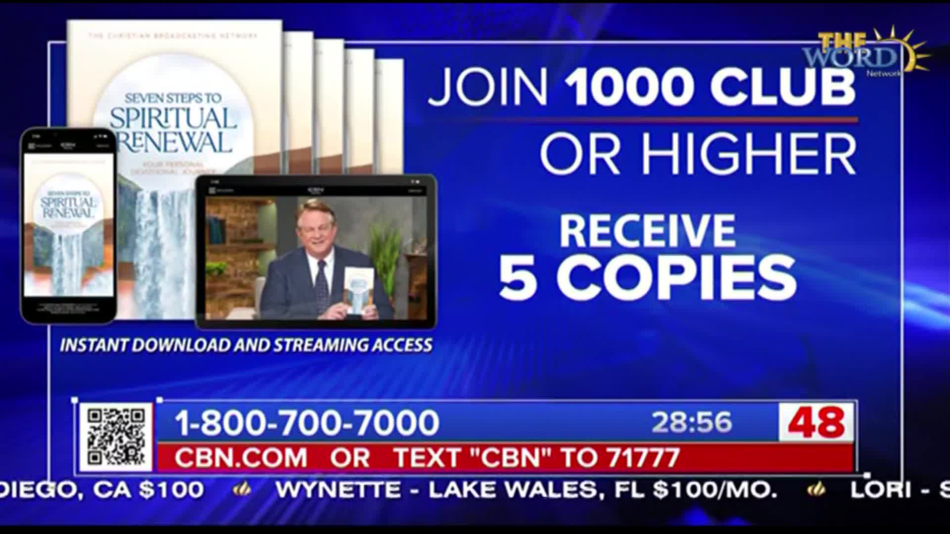 A man on a tablet screen holds a book, promoting "Seven Steps to Spiritual Renewal" on The Word Network. Below, a phone and a stack of books are displayed, a...