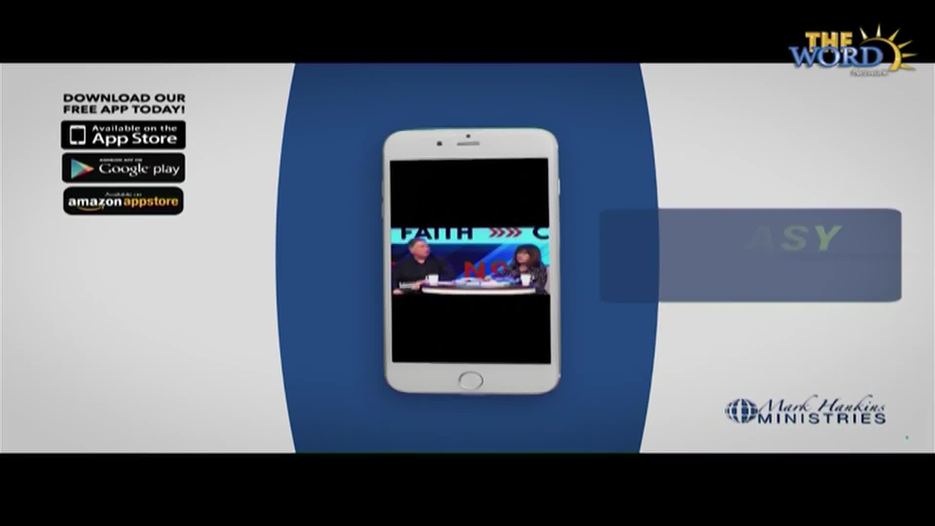A smartphone displays a talk show, with a man and woman seated at a table. The Word Network logo sits in the upper right corner, and the app download informa...