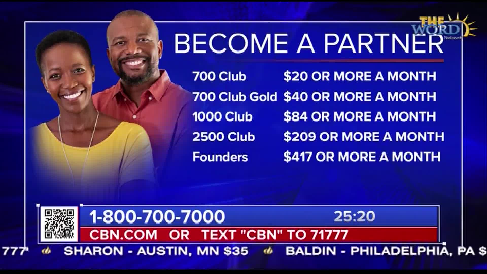 A smiling couple is positioned above a list of giving levels, all under the headline "BECOME A PARTNER." Below, contact information for The Word Network is d...