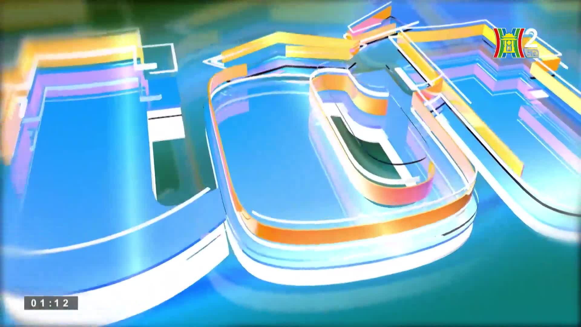 The HanoiTV2 logo, with its angular, translucent shapes, is layered over a shimmering blue background. The time code, 01:12, sits in the lower left corner.